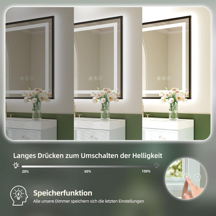 Dripex Badspiegel mit Licht Badezimmerspiegel mit Metallrahmen, Speicherfunktion, Touch-Schalter, Di
