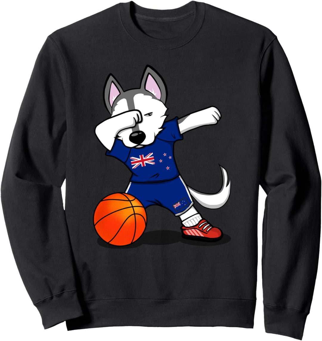 Dabbing Husky Hund Neuseeland Basketball Mannschaft Flagge Sweatshirt