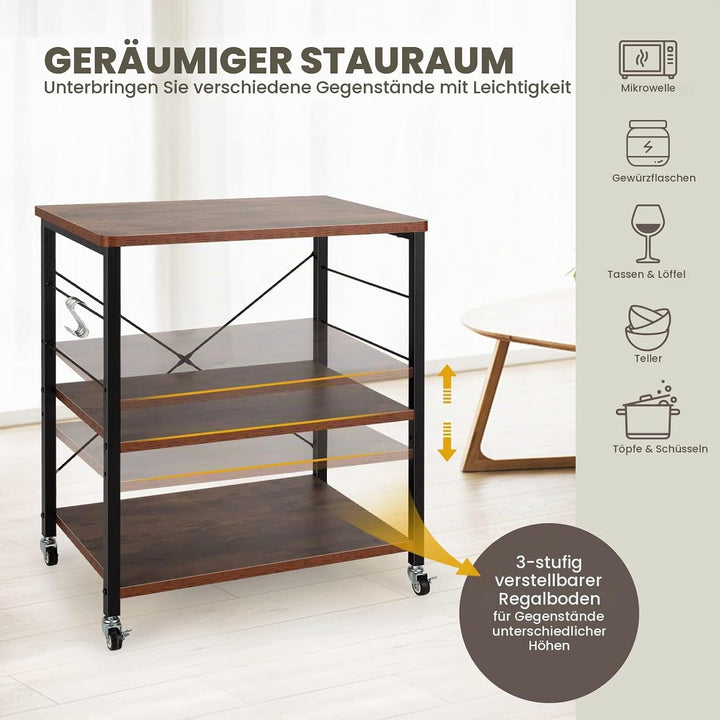 GIANTEX Servierwagen Küchenwagen auf Rollen, Küchenregal 3 Ebenen &amp; 10 Haken, Druckertisch Druckerst
