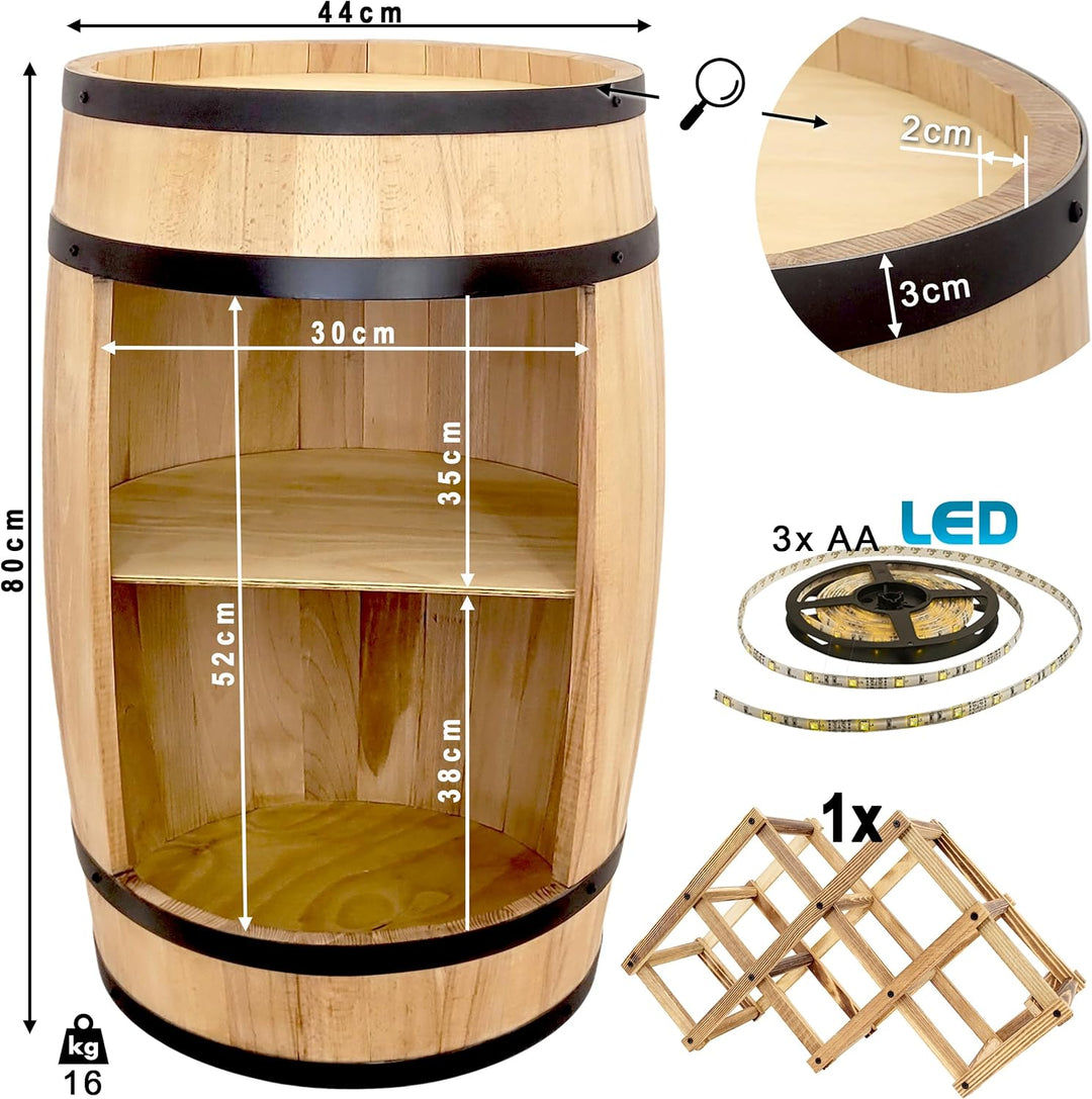 weeco Fassbar mit Weinhalter und LED Beleuchtung - Holzfass Hausbar 80cm. Rustikaler deko Barschrank