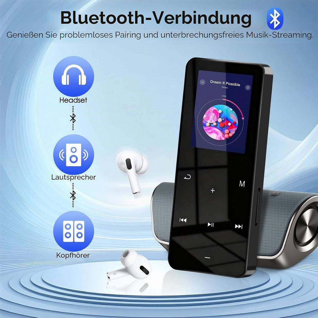 24GB MP3 Player mit Bluetooth, 1,8 Zoll HD Touchscreen, Musikplayer mit HiFi Lautsprechern, FM Radio