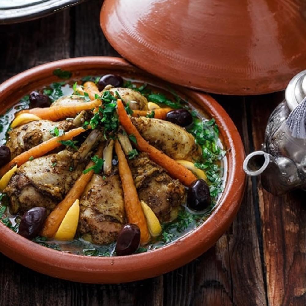 Marokkanische Tajine aus Terrakotta, Durchmesser 37 x 28 cm, handdekoriert, natürlich unglasiert, fü