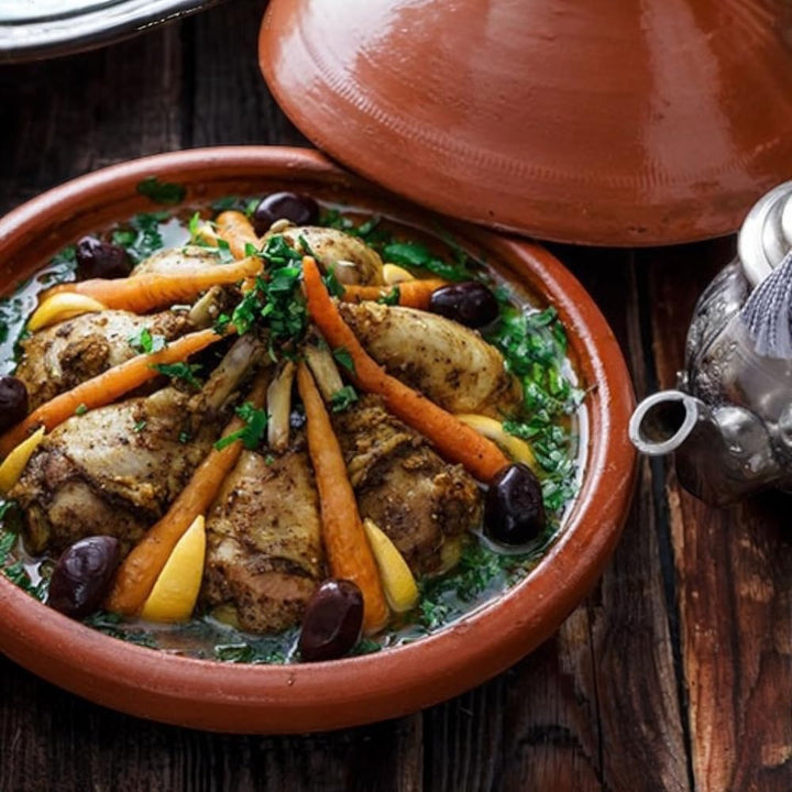 Marokkanische Tajine aus Terrakotta, Durchmesser 37 x 28 cm, handdekoriert, natürlich unglasiert, fü