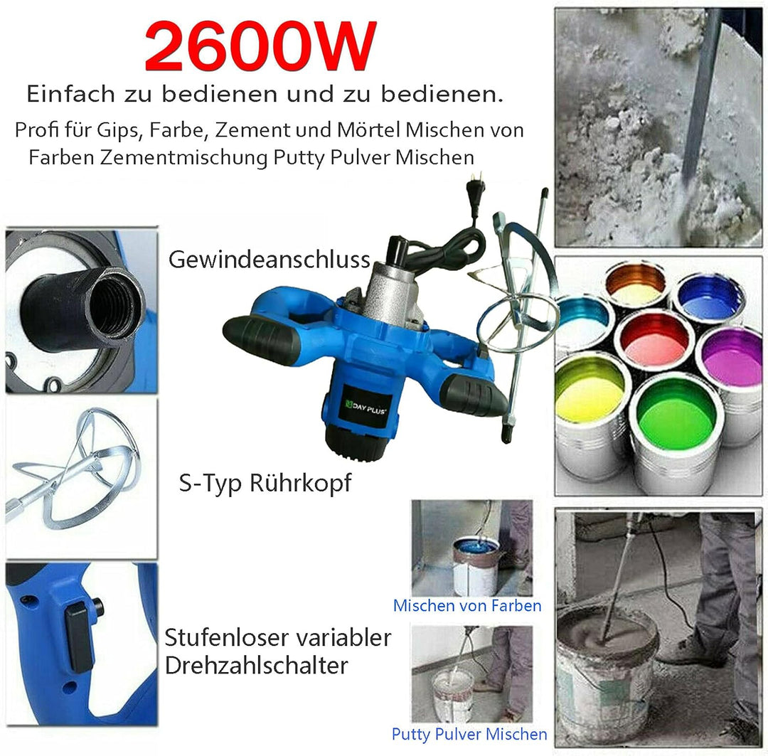 Rührwerk Farb-Mörtelrührer 2600 W, M14 Rühreraufn, 6-Gang-Getriebe, Rührquirl Ø 120mm, Aluminium-Get