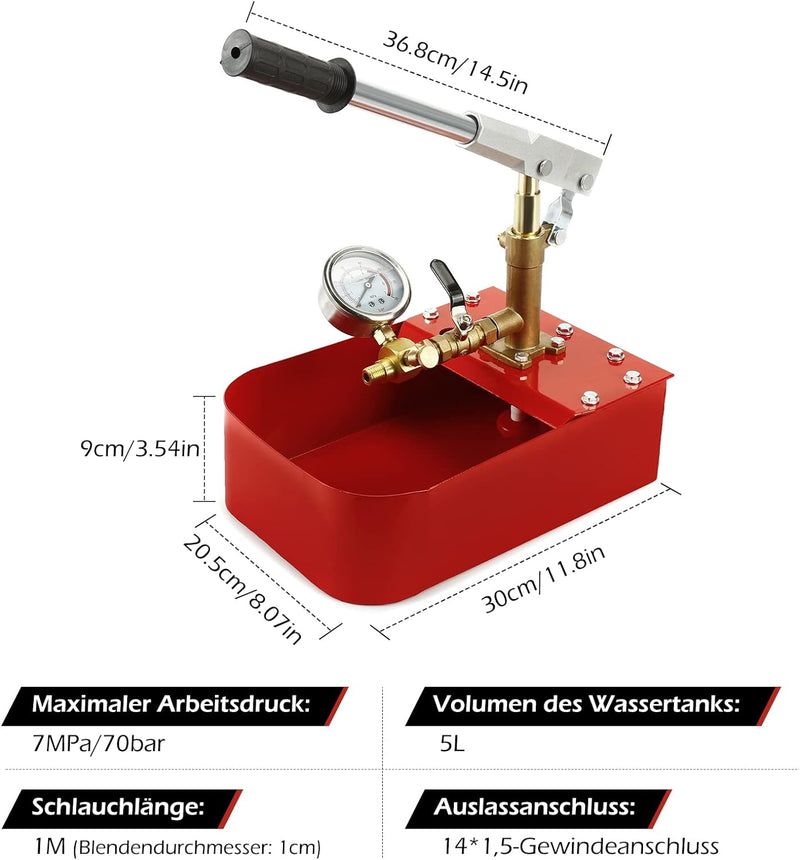 Dyna-Living Abdrückpumpe Prüfpumpe Befüllpumpe 5L Füllpumpe Heizung Druckprüfpumpe 7 MPa/0-70 bar Ga