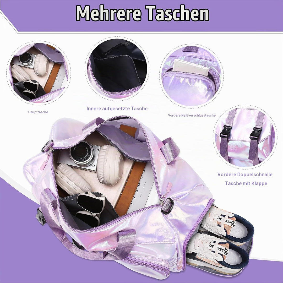 Sporttasche Damen Reisetasche mit Schuhfach und Nassfach, Wasserdicht Schwimmtasche Frauen Glitzer G