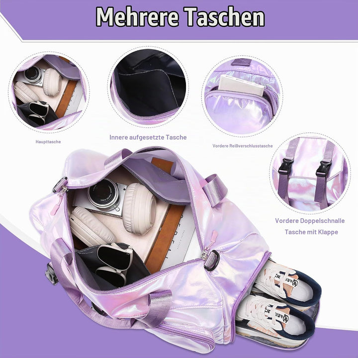 Sporttasche Damen Reisetasche mit Schuhfach und Nassfach, Wasserdicht Schwimmtasche Frauen Glitzer G