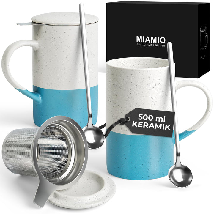 MIAMIO - Tee Tassen Set 2 x 500 ml mit Deckel und Sieb/Keramik Tee Becher mit Teeei und Löffel für d