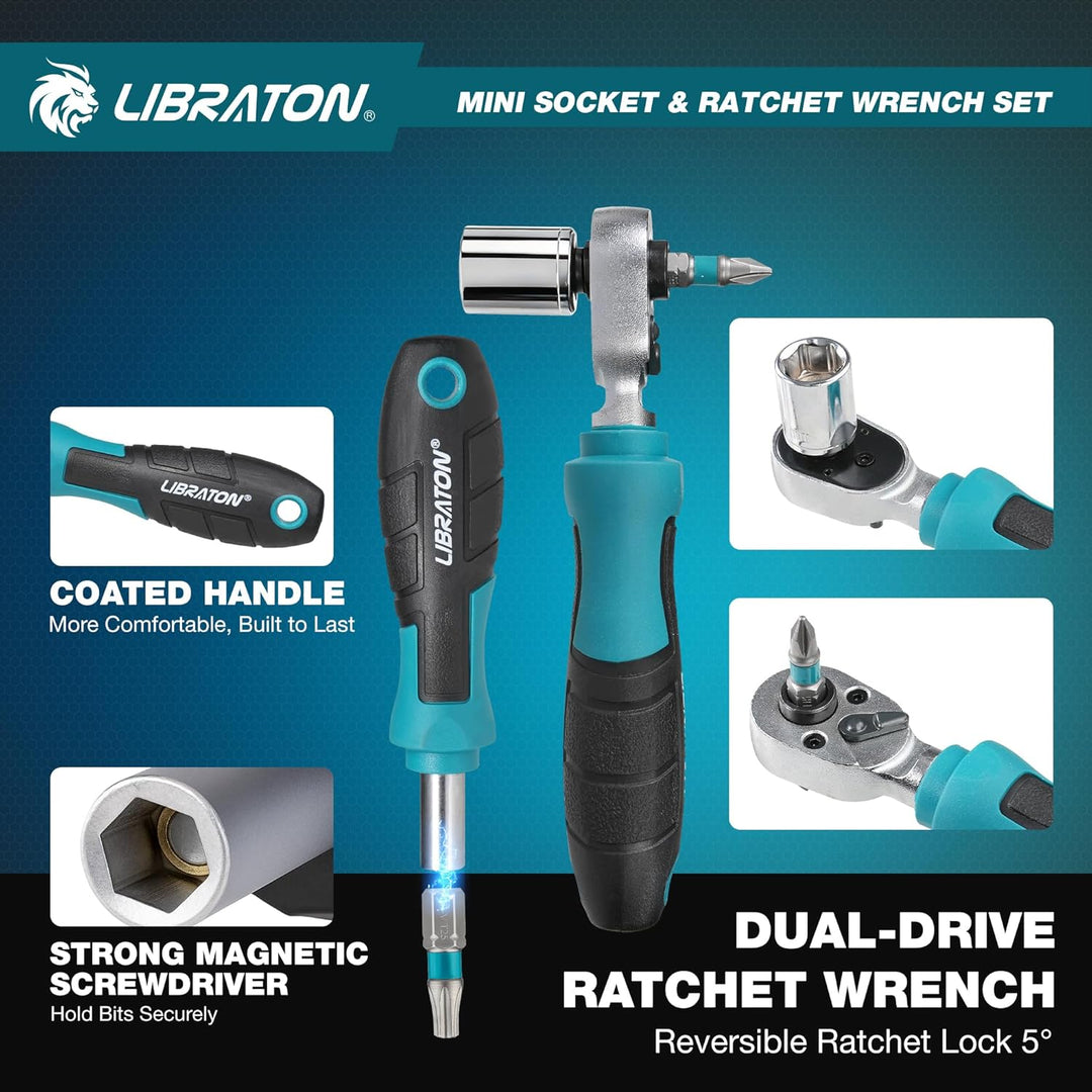LIBRATON 37-tlg. 1/4 Zoll Ratschenkasten Mini Steckschlüsselsatz mit Bits, 4-13mm Stecknuss, Magnet-