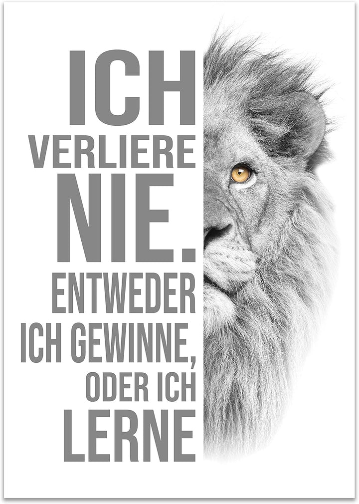 wandmotiv24 Poster als Wanddeko, Grösse Din A0, ich verliere nie, Weiss, Löwe, Moderne Wanddeko, Wan