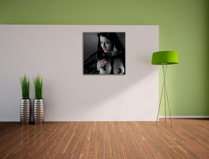 Pixxprint schwarzhaarige sexy Frau schwarz/weiss, Format: 70x70 auf Leinwand, 70x70