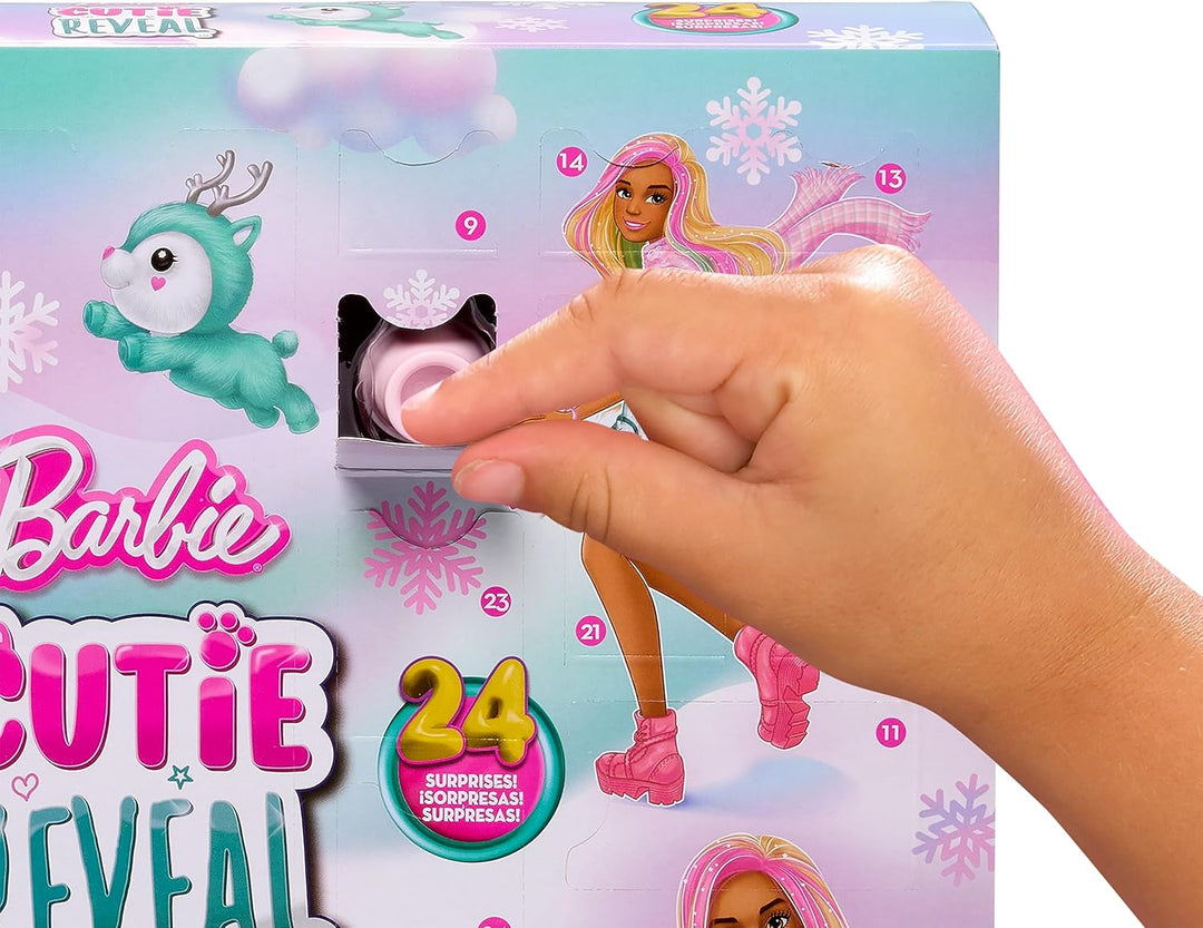Barbie Cutie Reveal Adventskalender - 24 Überraschungen, Puppe, Glitzerrentier, Winteroutfits, Acces
