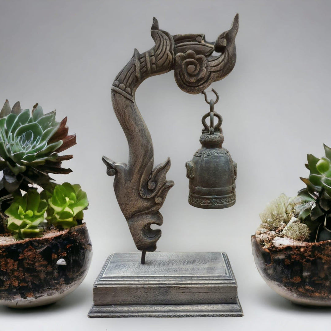 Kinaree Thai Tempel Glocke mit Schnitzerei - Bronze Glocke - Massivholz - thailändische Dekoration -