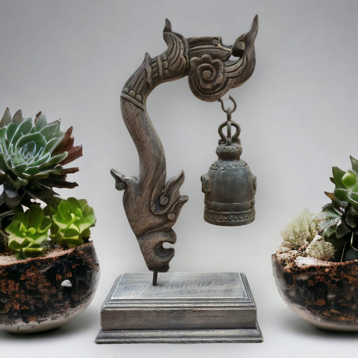 Kinaree Thai Tempel Glocke mit Schnitzerei - Bronze Glocke - Massivholz - thailändische Dekoration -