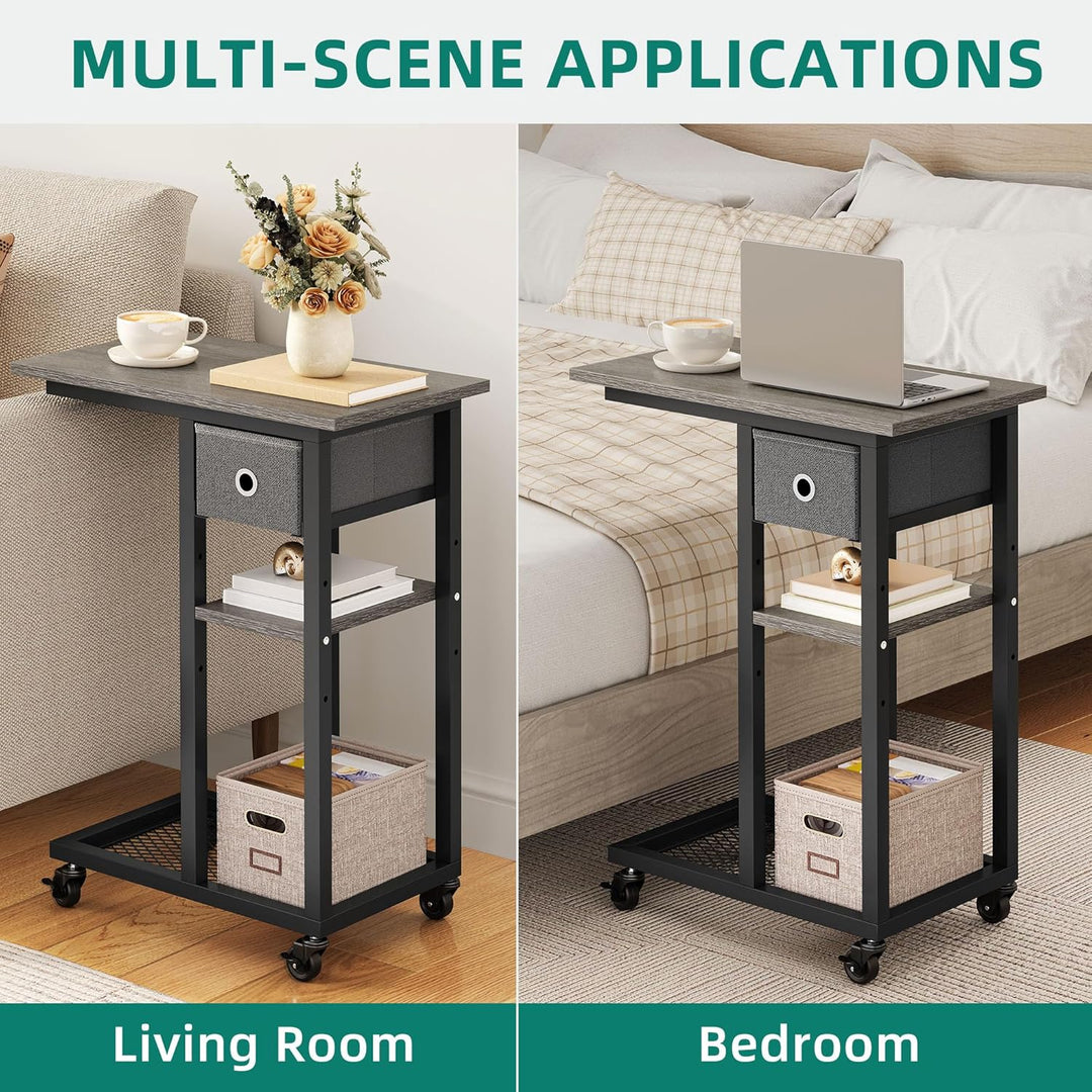 YITAHOME 2PCS Beistelltisch, C-Form Sofatisch mit Rollen und Schublade，Wohnzimmertisch für Kaffee un