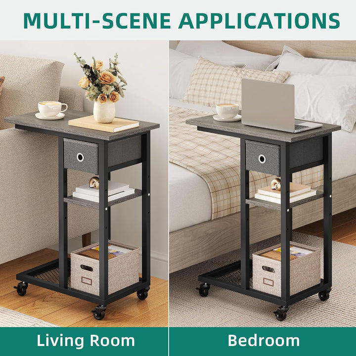 YITAHOME 2PCS Beistelltisch, C-Form Sofatisch mit Rollen und Schublade，Wohnzimmertisch für Kaffee un