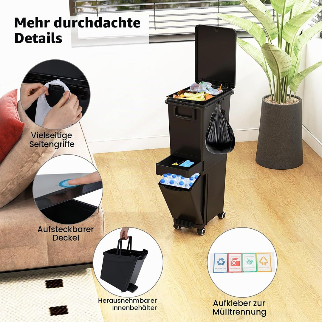 LIFEZEAL 32 L Mülleimer auf Rädern, Abfallsammler Küche, Trocken- und Nasstrennung Mülltrennsystem m