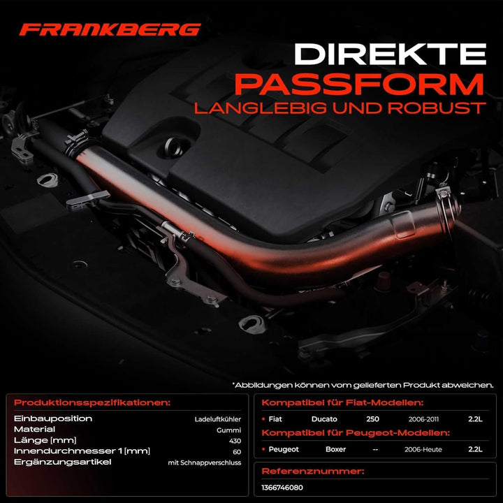 Frankberg 1x Ladeluftschlauch Turboschlauch Kompatibel mit Boxer Bus 2.2L 2006-2020 Ducato Bus 250 2