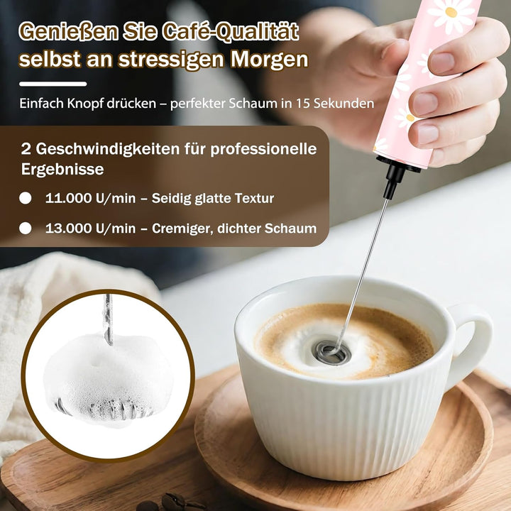Milchschäumer Elektrisch USB-C mit 5 Wechselbaren Edelstahl-Schneebesen–2 Einstellbare Geschwindigke