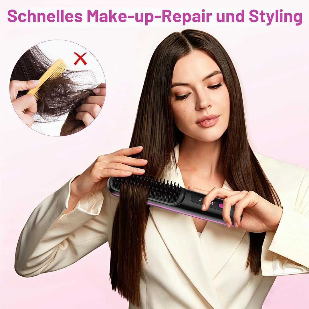 2026 Stylingbürste für kurze Haare Kabellos, LCD Display Glättungsbürste mit 3 Temp-Stufen (160-200°