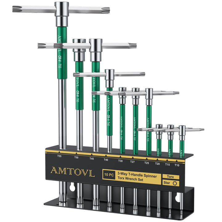 AMTOVL T-Griff-Sternschlüssel-Set, Torx, 10-teilig, T10-55, Schiebegriff, Chrom-Vanadium-Stahl, mit