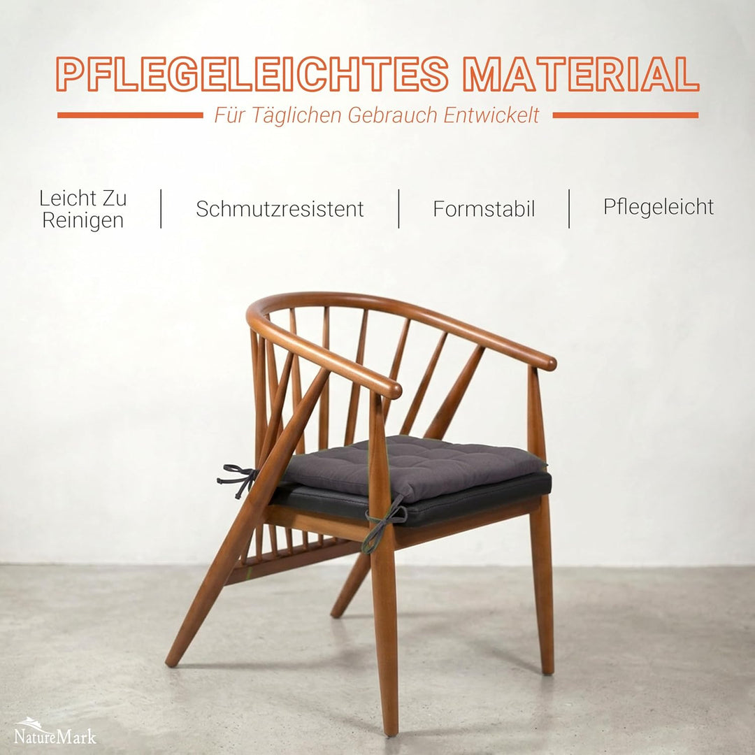 NatureMark 4er Set Stuhlkissen mit Bändern 40x40 cm – Gefüllte Sitzkissen, Outdoor & Indoor – Anthra