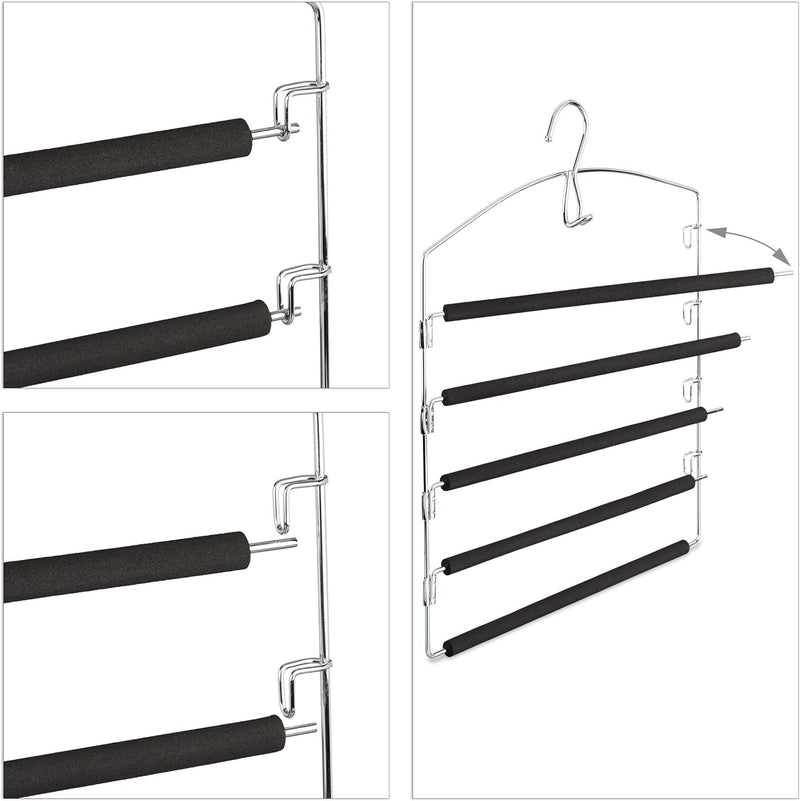 5 x Hosenbügel platzsparend, Hosenkleiderbügel mehrfach, Metall, gepolstert, HBT: 44,5 x 37 x 2,7 cm