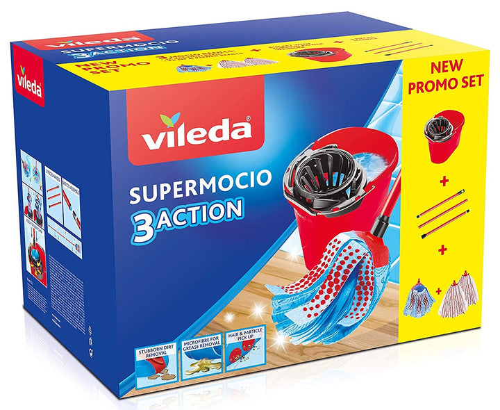 Vileda SuperMocio Box mit Schleife 3Action XL und Zwei Microfasern und Power Schleifen, Kunststoff,