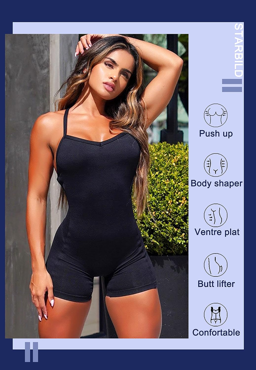 STARBILD Nahtloser Kurz-Bodysuit für Damen mit verstellbaren Spaghettiträgern, M6430-schwarz XL