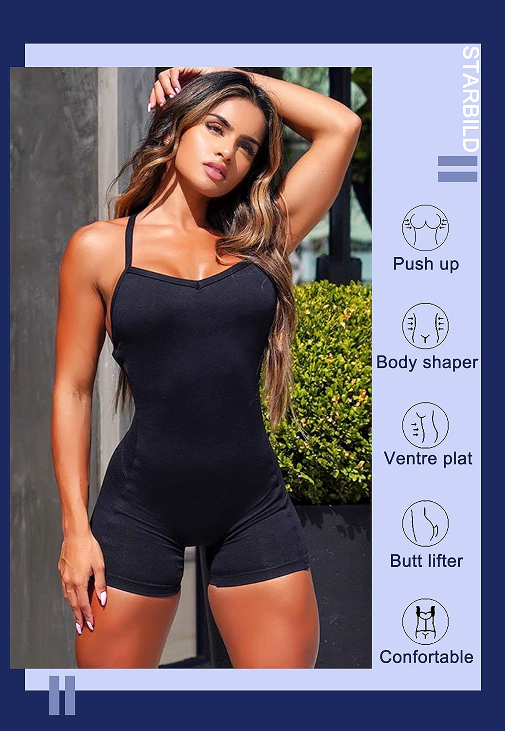 STARBILD Nahtloser Kurz-Bodysuit für Damen mit verstellbaren Spaghettiträgern, M6430-schwarz XL