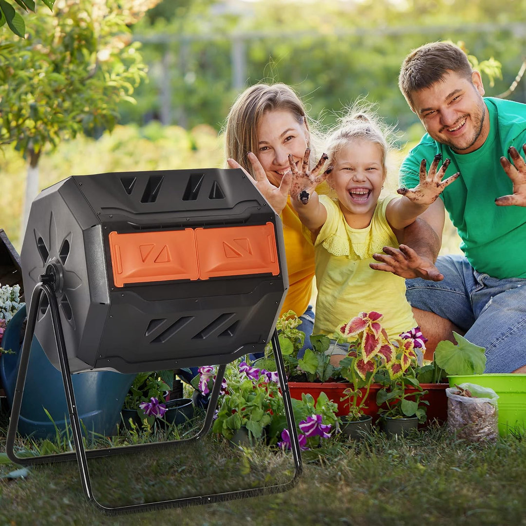 Outsunny Komposteimer für den Aussenbereich, 160 l, Doppelkammer, 360° drehbarer Komposter, Gartenko