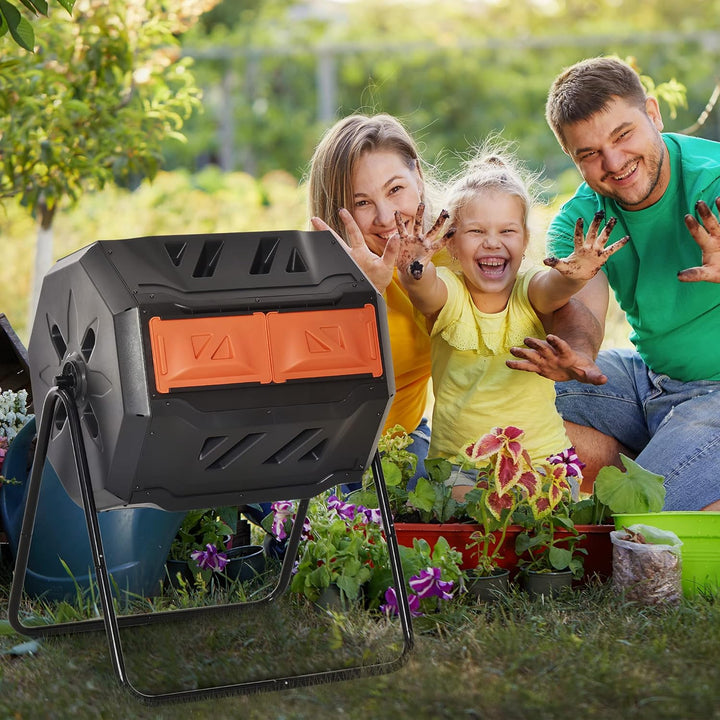Outsunny Komposteimer für den Aussenbereich, 160 l, Doppelkammer, 360° drehbarer Komposter, Gartenko