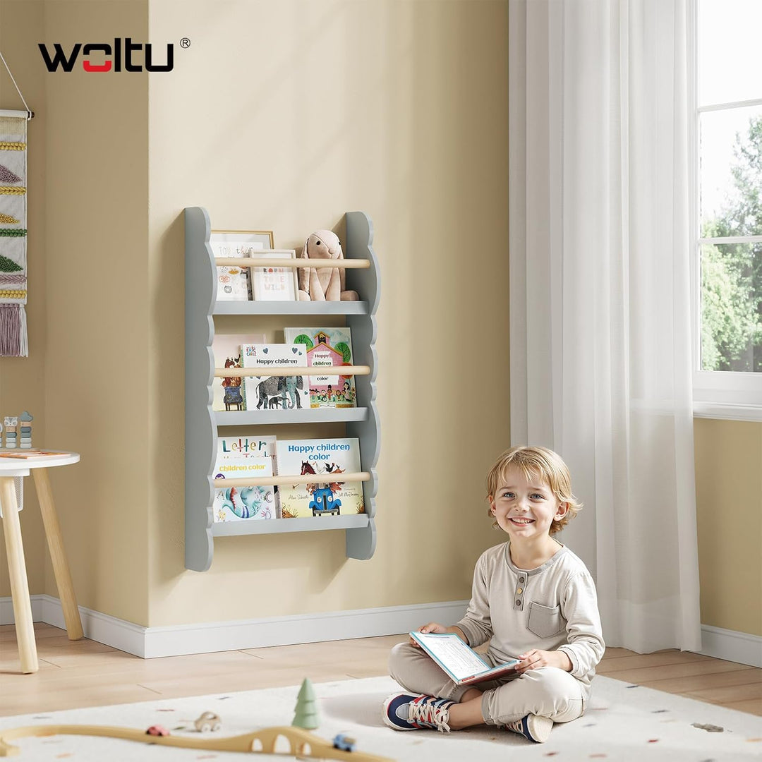 WOLTU Kinder Bücherregal Wand, Bücher-Organizer mit 3 Ablagen, Kinderregal für Buchaufbewahrung, Wan