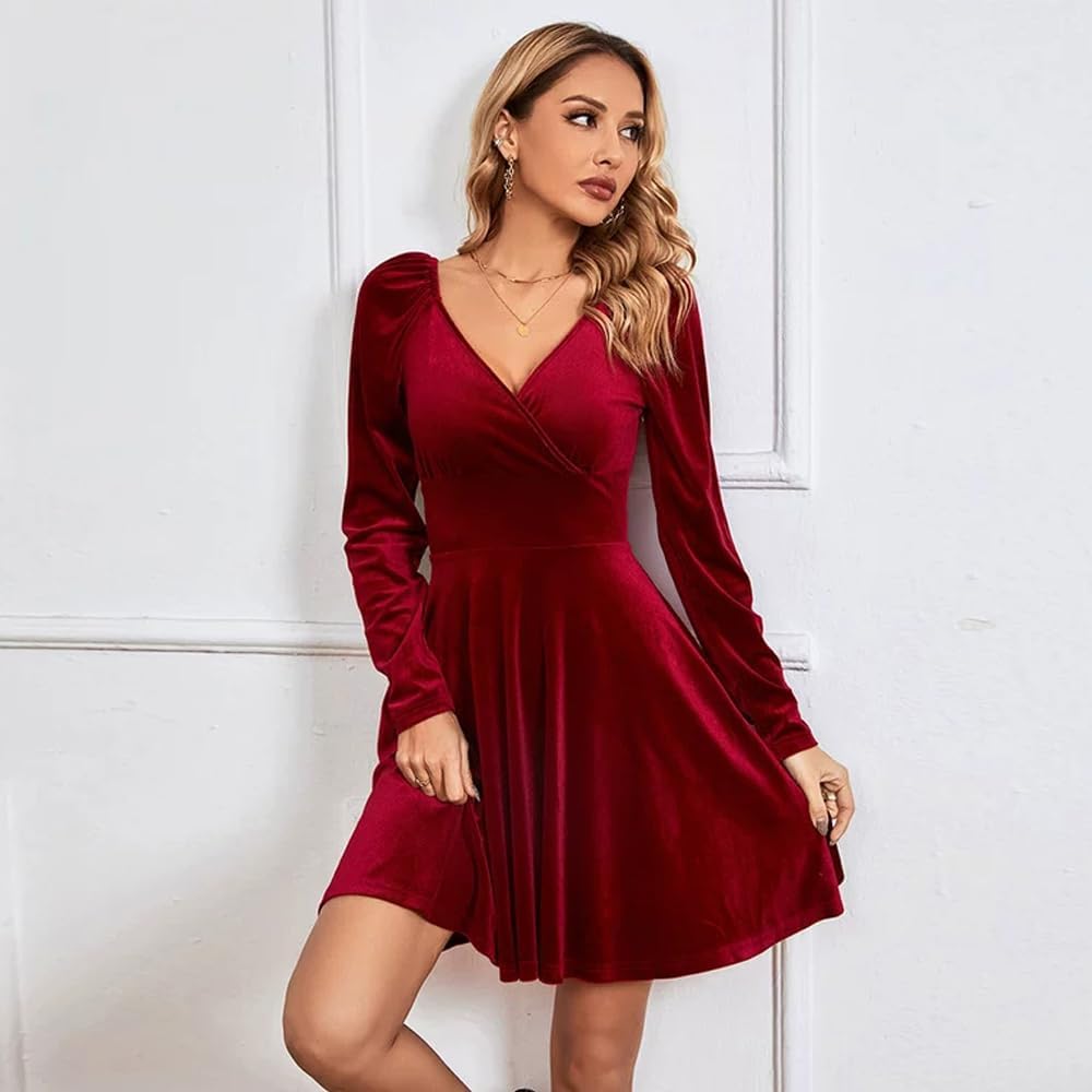 XIVISTO Damen Samtkleid Elegant Abendkleid Langarm Cocktailkleid Rundhals Kleid Bodycon festliches P