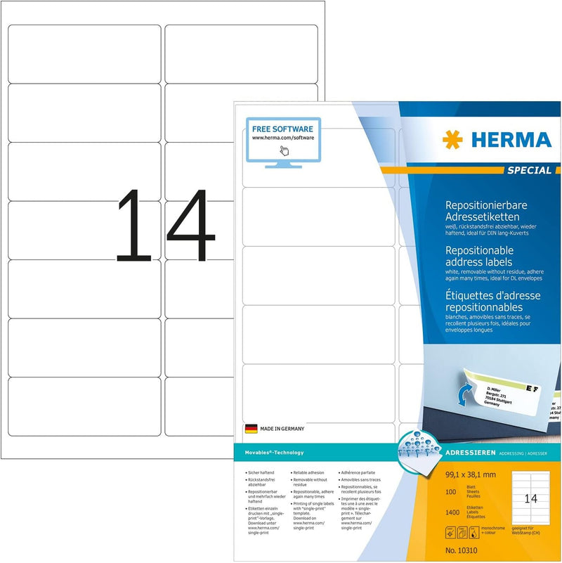 HERMA 10310 Universal Etiketten ablösbar, 100 Blatt, 99,1 x 38,1 mm, 14 Stück pro A4 Bogen, 1400 Auf