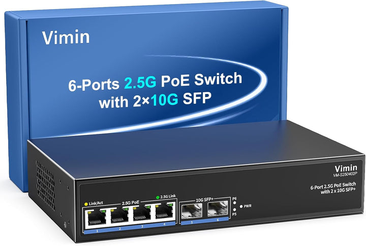 6-Port 2,5G PoE-Switch Unmanaged, 4X 2,5G Base-T PoE-Port+2X 10Gbps SFP+, 4-Port PoE Switch mit 60Gb