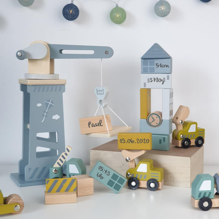 Personalisierbares Holz-Baustellen-Set – Fahrzeuge & Zubehör für Rollenspiele – für Kinder ab 3 Jahr
