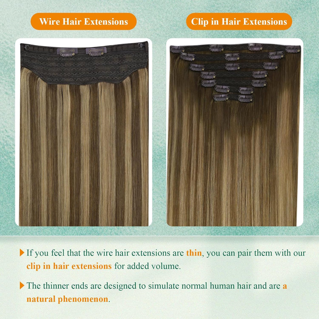 Easyouth Extensions Echthaar mit Draht Braun Haarteile Echthaar mit Draht Mittelbraun Mix Honig Blon
