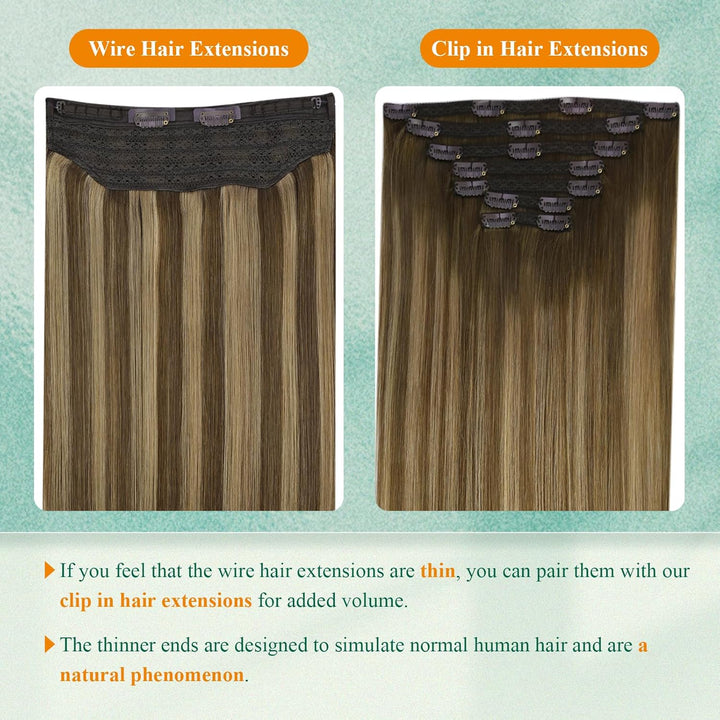 Easyouth Extensions Echthaar mit Draht Braun Haarteile Echthaar mit Draht Mittelbraun Mix Honig Blon