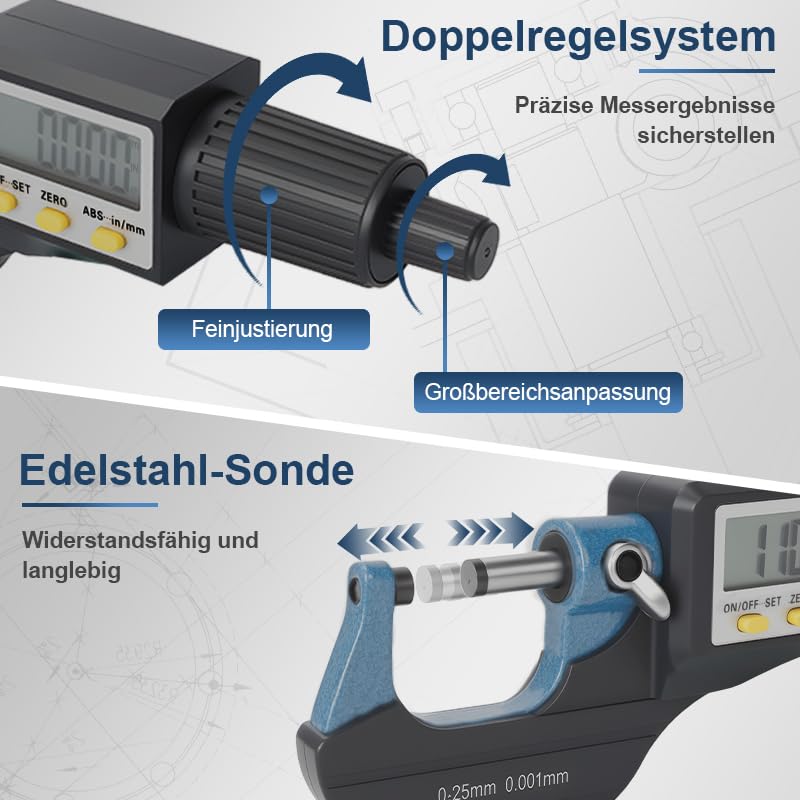 Beslands Mikrometer Digital Bügelmessschraube 0-25mm/ 0.001mm Hohe Präzision Elektronische Digitale