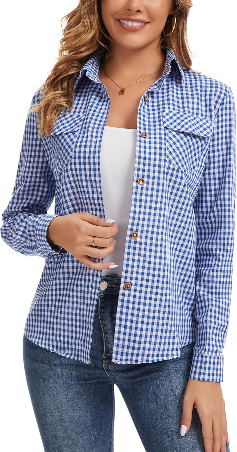 Yukiuiny Damen Karierte Bluse 100% Baumwolle Langarm Weiches Flanellhemd Casual Button-down Holzfäll