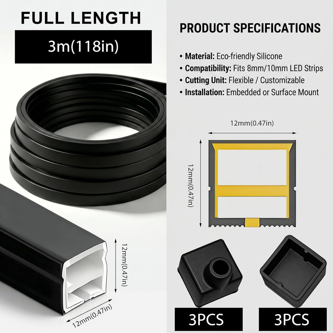 LED Profil Schwarz, LED Schiene Diffusor für Akustikpaneele Beleuchtung – 12x12mm Flexibles Silikon