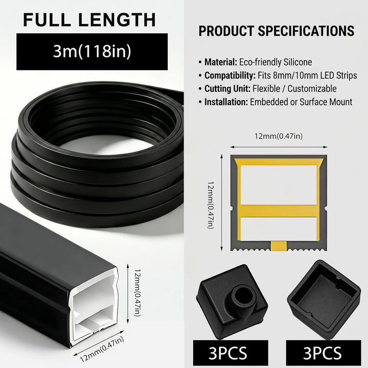LED Profil Schwarz, LED Schiene Diffusor für Akustikpaneele Beleuchtung – 12x12mm Flexibles Silikon