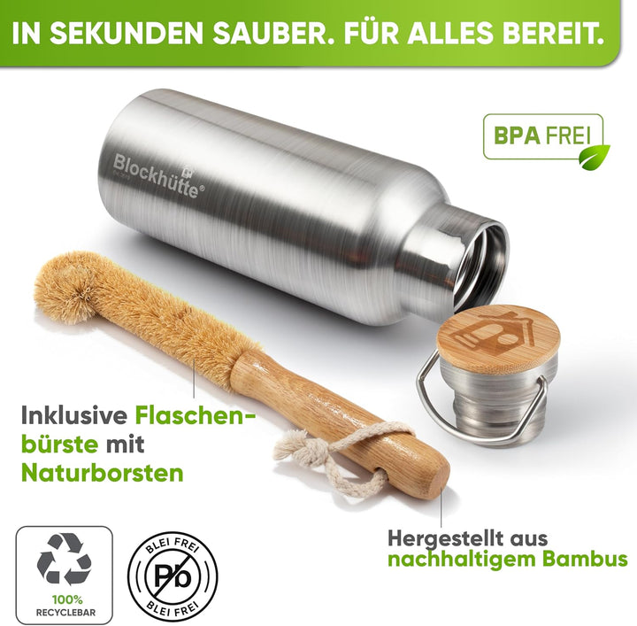 Blockhütte Premium Edelstahl Trinkflasche isoliert I 1L I mit Naturborsten Bürste I Isolierflasche a