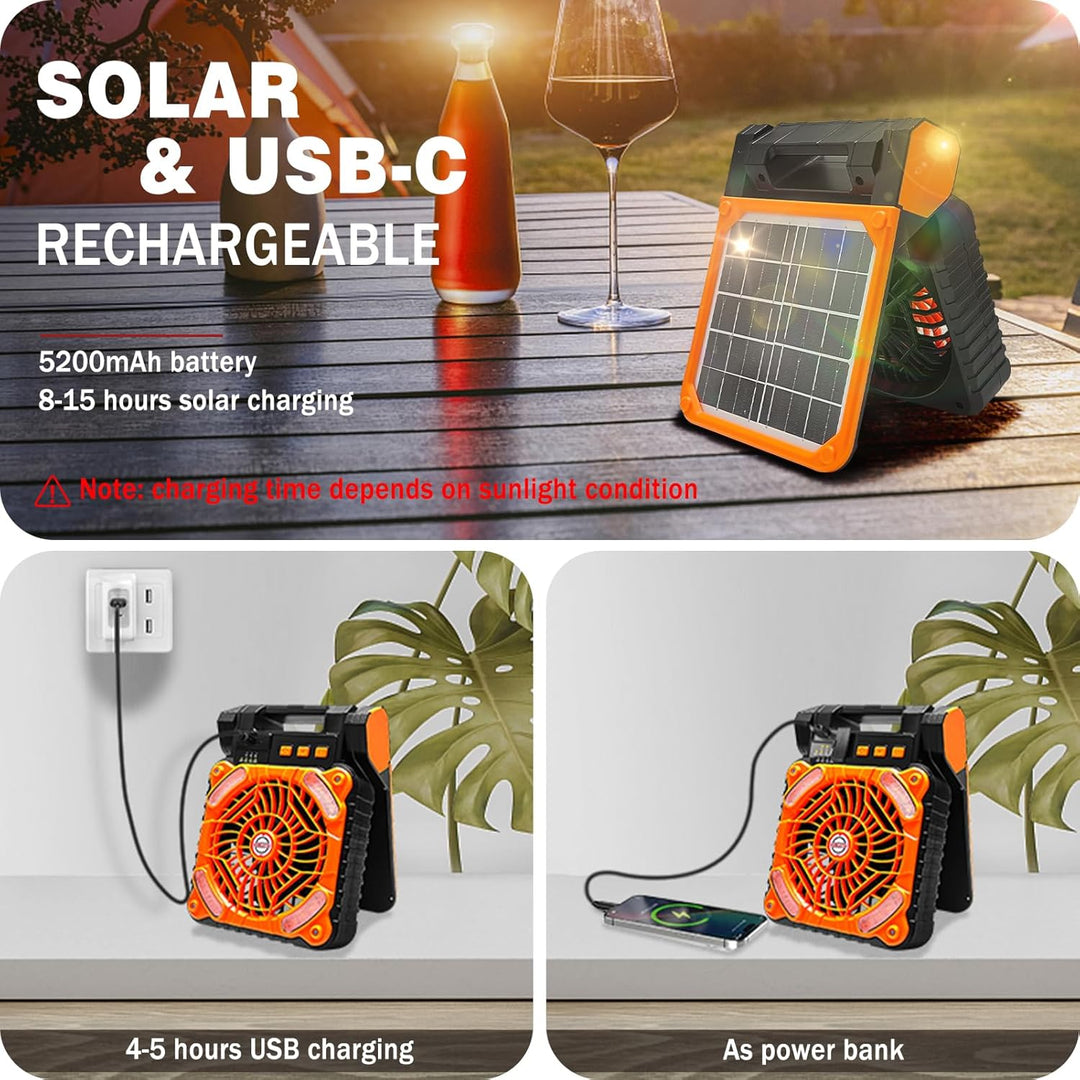 1-Stück Solar Camping Ventilator mit Campinglampe USB Aufladbar Leise Tischventilatoren LED Camping