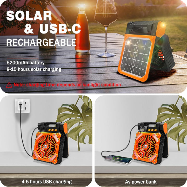 1-Stück Solar Camping Ventilator mit Campinglampe USB Aufladbar Leise Tischventilatoren LED Camping
