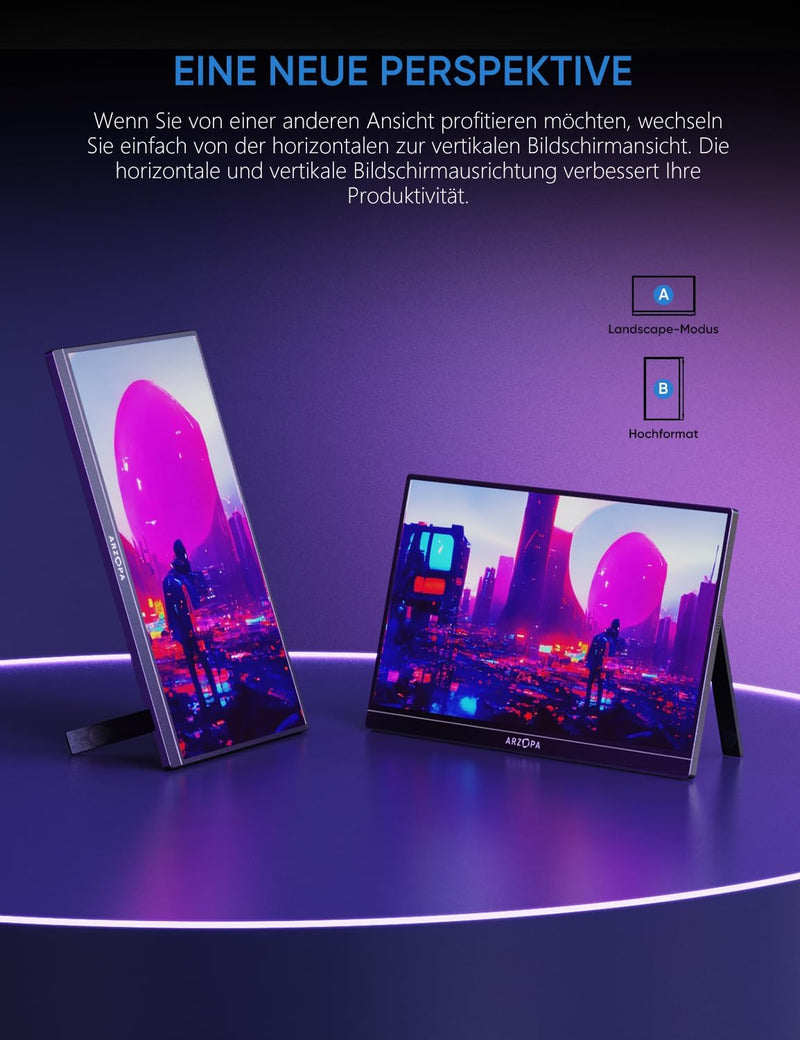 ARZOPA 16.1" 144HZ Portable Monitor, 1920×1080 FHD IPS Tragbarer Monitor für Laptop mit Einstab, Unt