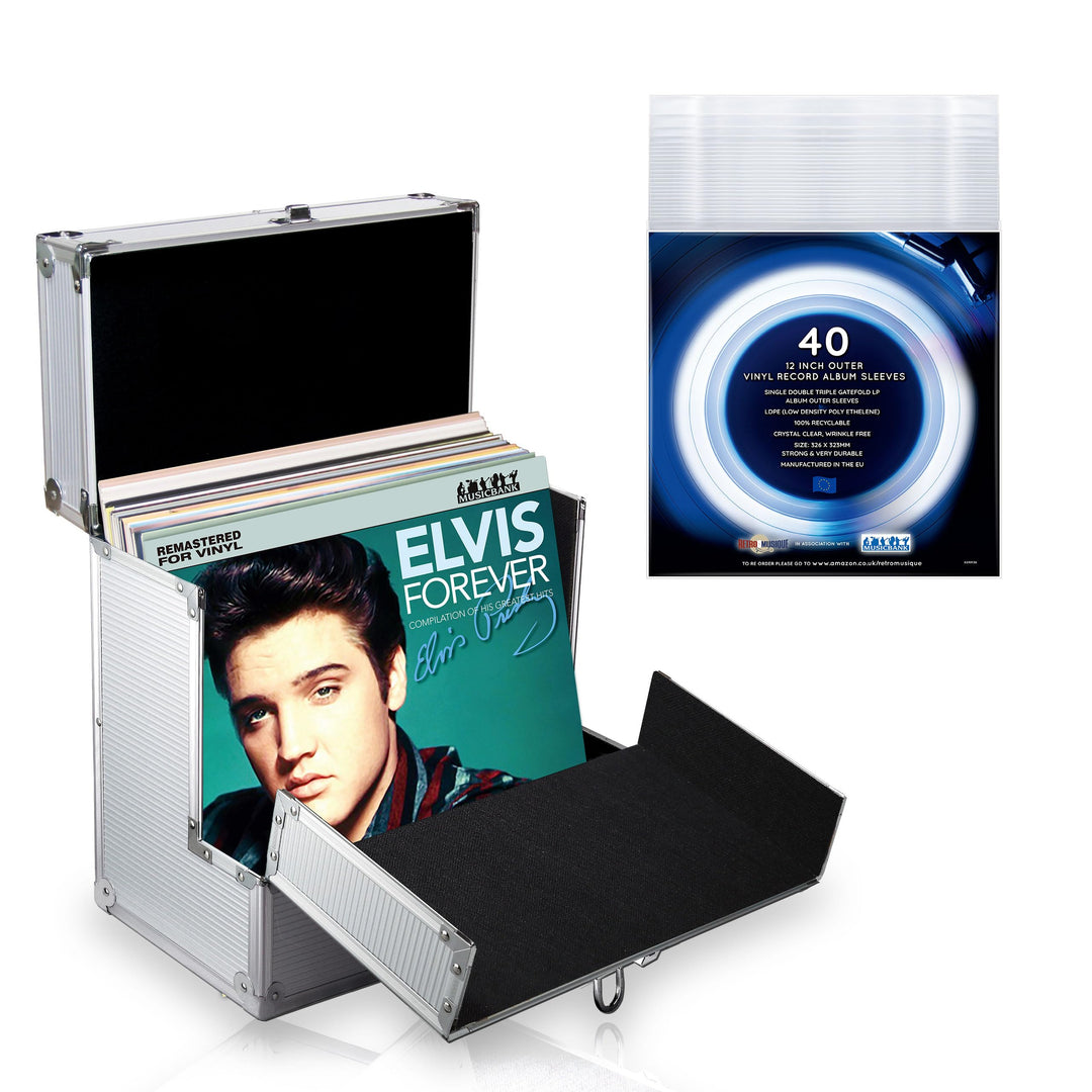 Retro Musique 12"-Aluminium-Schallplattenkoffer mit einzigartiger, aufklappbarer Frontklappe für bes