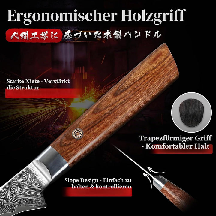 Dragon Creek Ausbeinmesser 19cm, Damaststahl, Präzises Fisch- und Fleischmesser, Ergonomischer Holzg