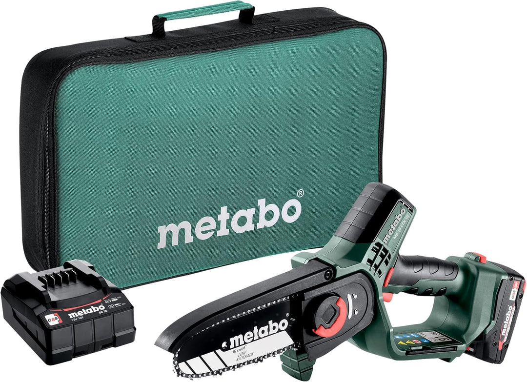 Metabo Akku Gehölzsäge (Holzsäge mit Akku/Ladegerät, kleine Kettensäge 15 cm, in Werkzeugtasche, Gar
